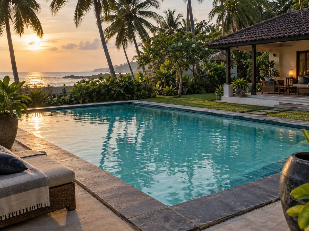 Outdoor pool at dusk with pale cyan water, a tiled edge and coconut palms beyond the garden wall