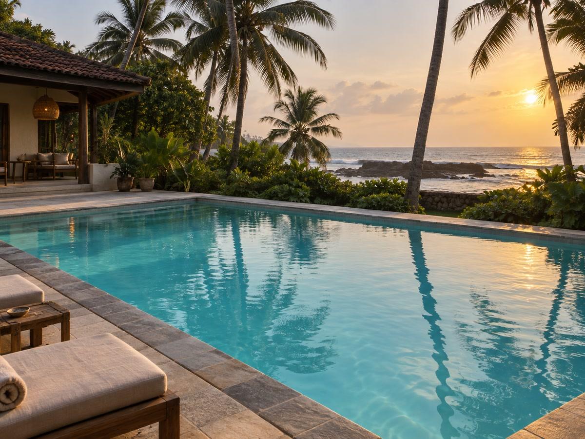 Outdoor pool with pale cyan water and a tiled coping, coconut palms beyond, late afternoon