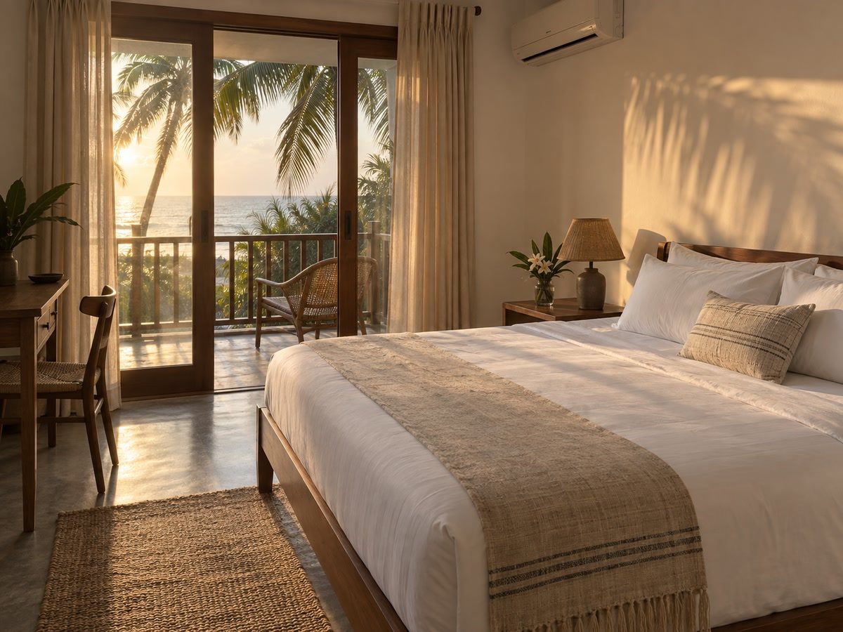 Simple AC bedroom with white bedding, a balcony door, and palm shadow on the wall