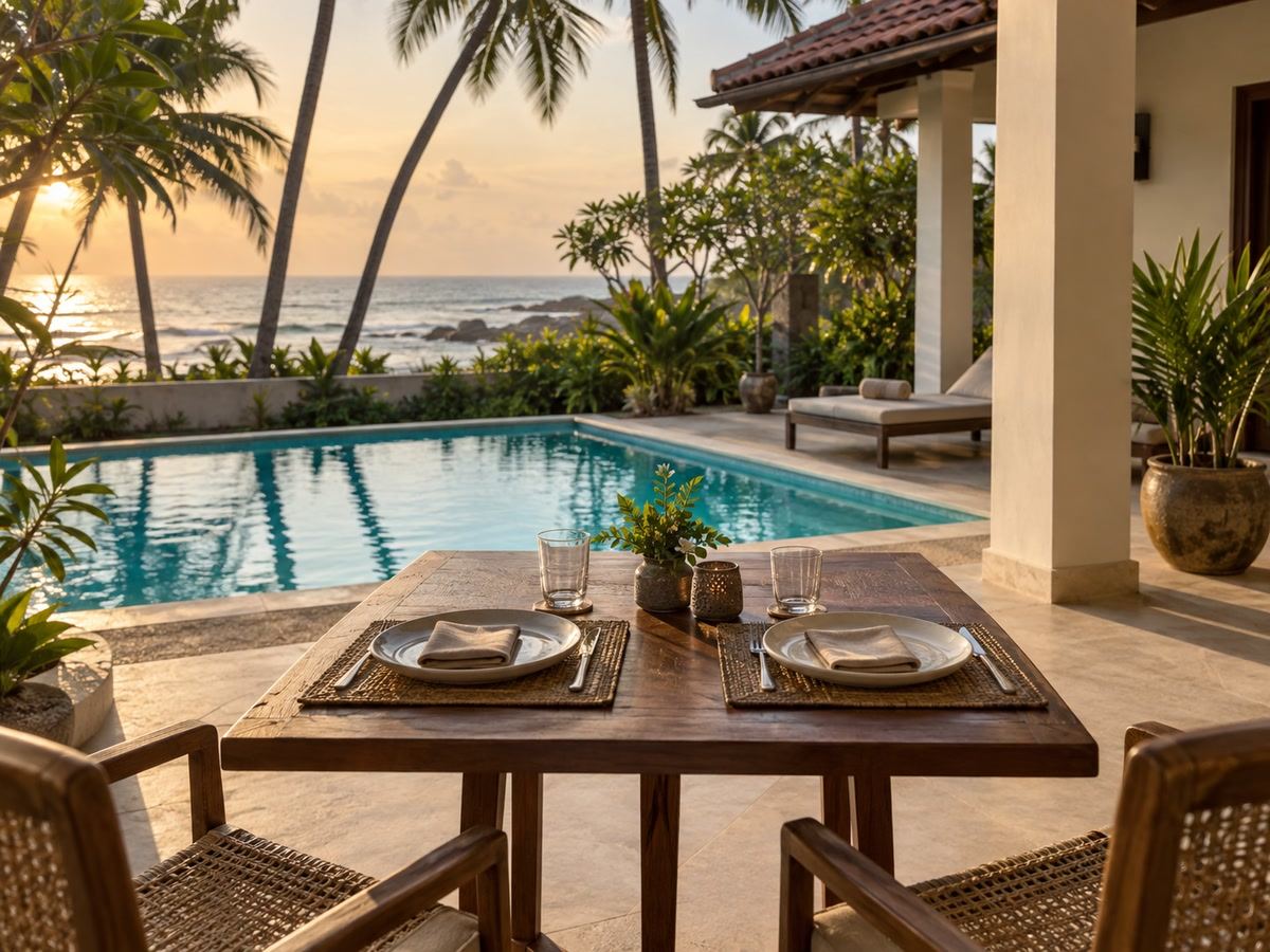Restaurant terrace table set for two, looking toward the pool, late afternoon