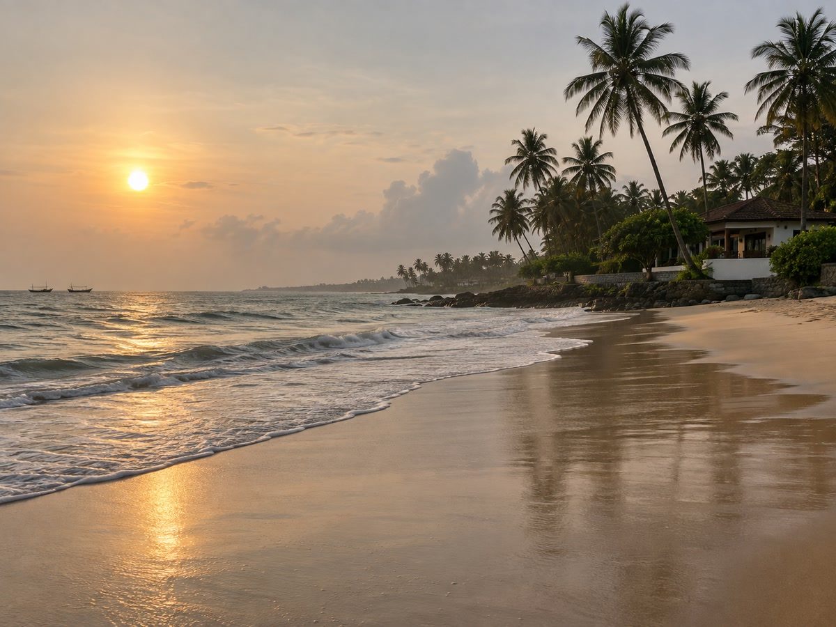 Moragalla beach wet sand at 5 pm, coconut palms, fishing boats far left
