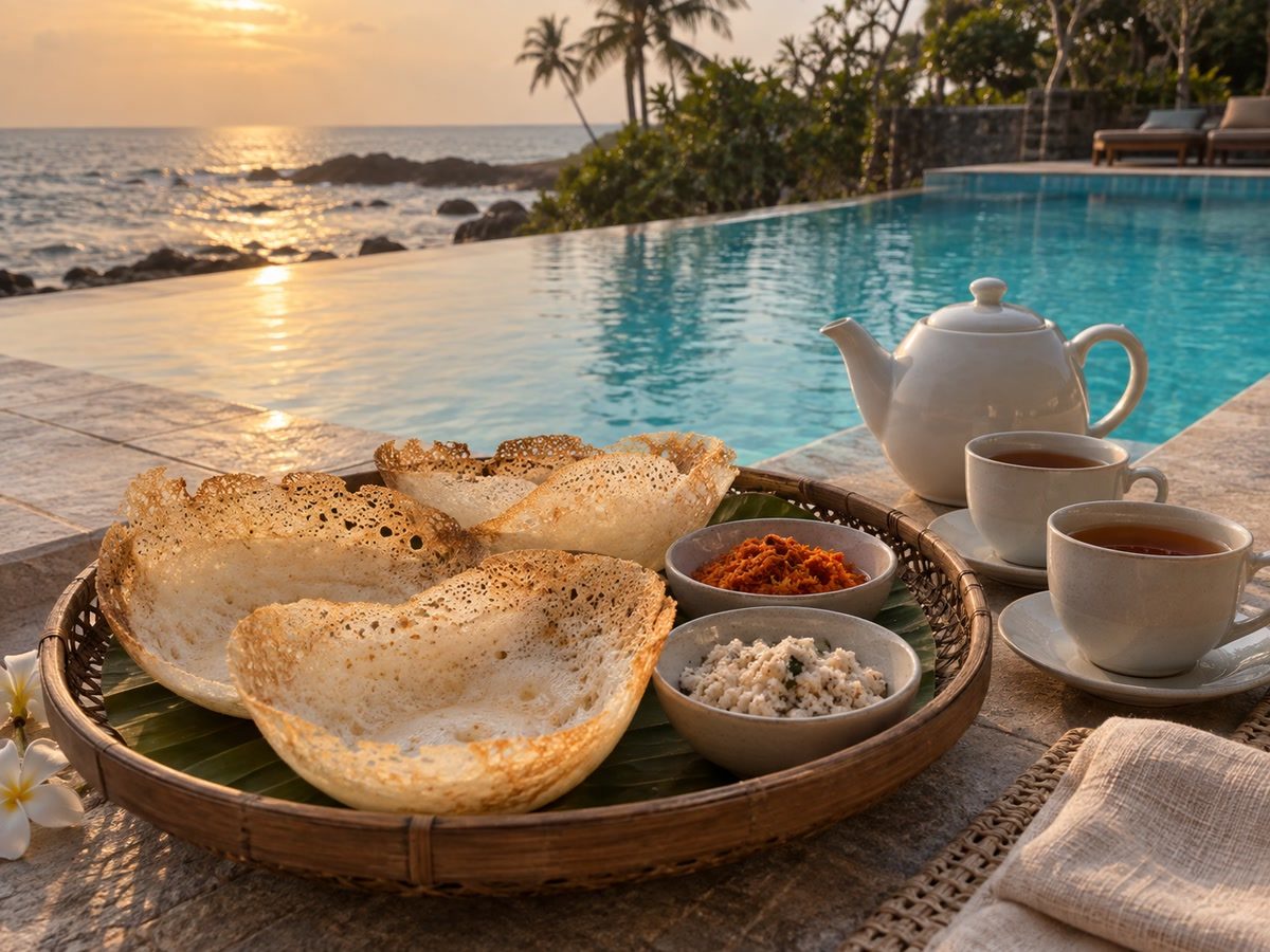Breakfast of hoppers, sambol and tea beside the pool edge