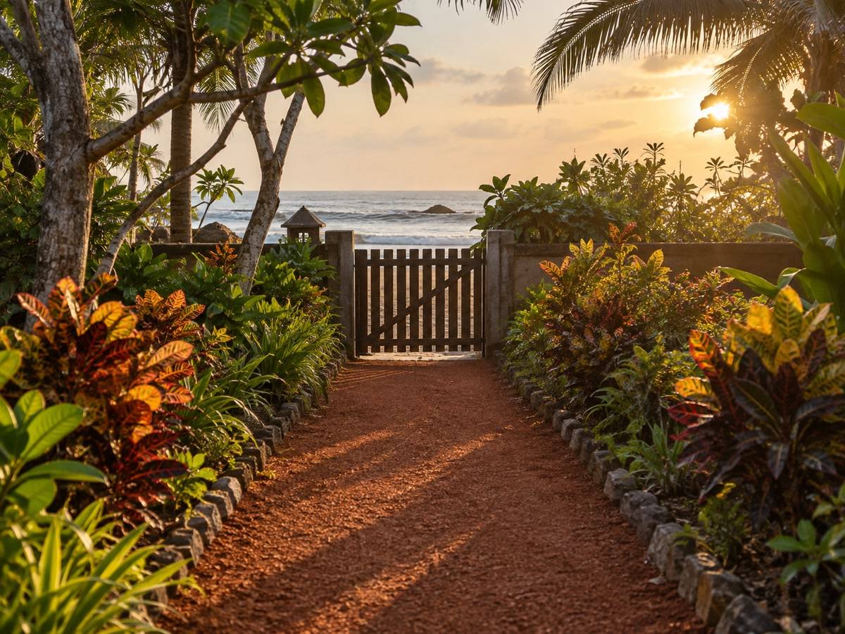 Garden path of laterite gravel to a timber beach gate