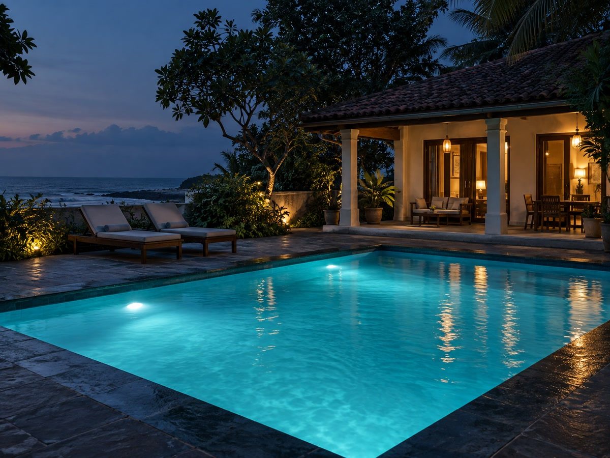 Dusk pool: underwater light turning the water cyan, empty loungers, no people